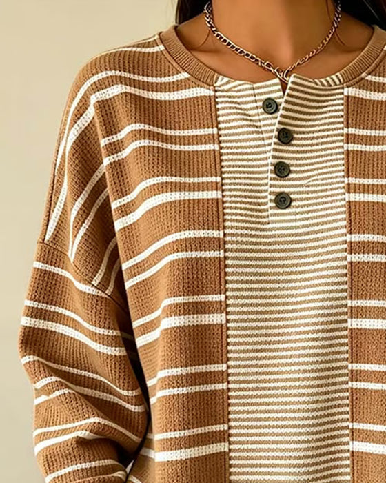 Sweatshirt Rayé Patchwork Manches Longues Henley