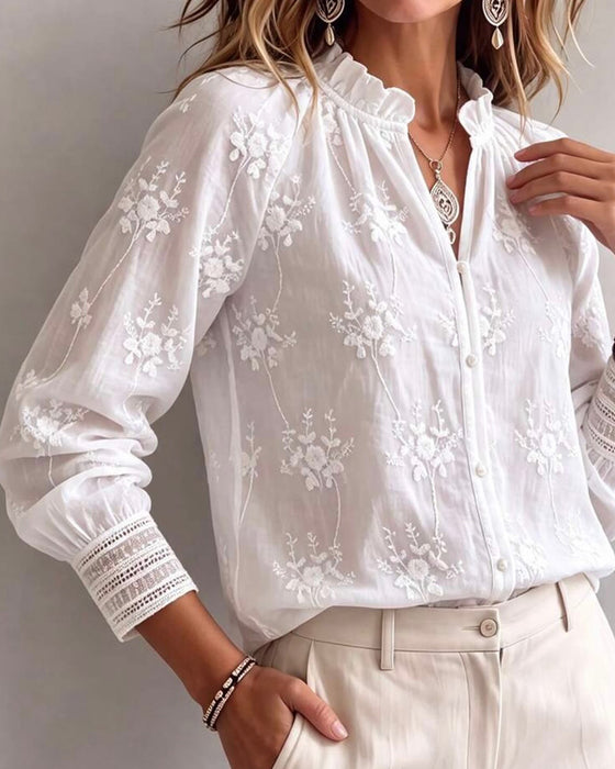 Blouse Bordure Volant Col Mandarin