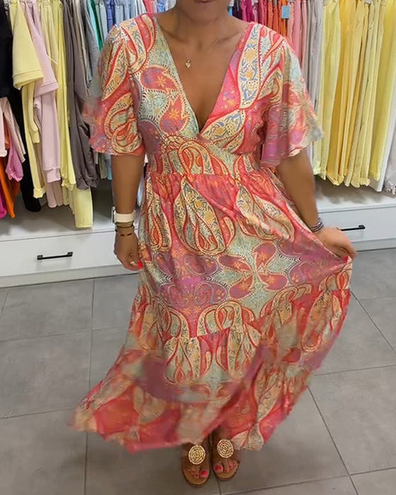 Robe Col V Volant Imprimé