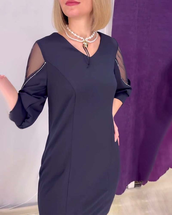 Robe Manches Mi-longues Col V Strass Couture