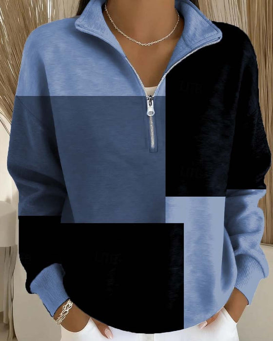 Sweatshirt À Carreaux Bloc-Couleur Fermeture Éclair Col-Debout