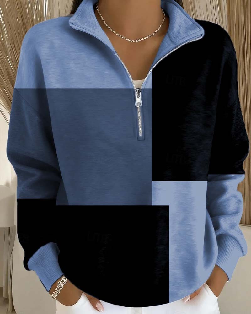 Sweatshirt À Carreaux Bloc-Couleur Fermeture Éclair Col-Debout