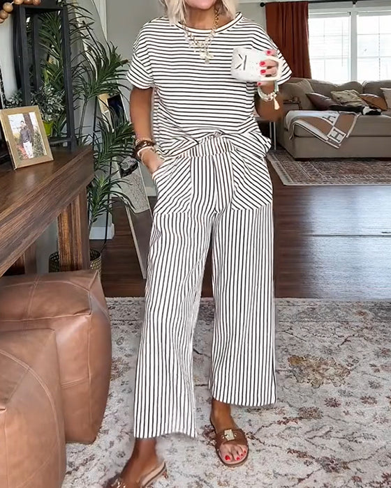 Ensemble Col Rond Rayé Taille Élastique Poche