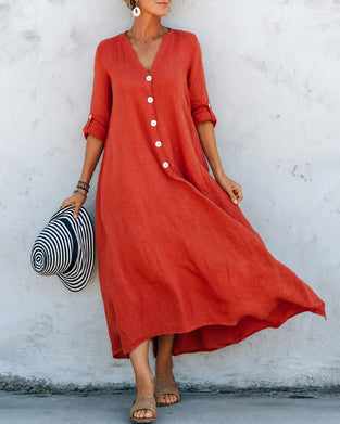 Robe Col En V Bouton Coupe A Longue