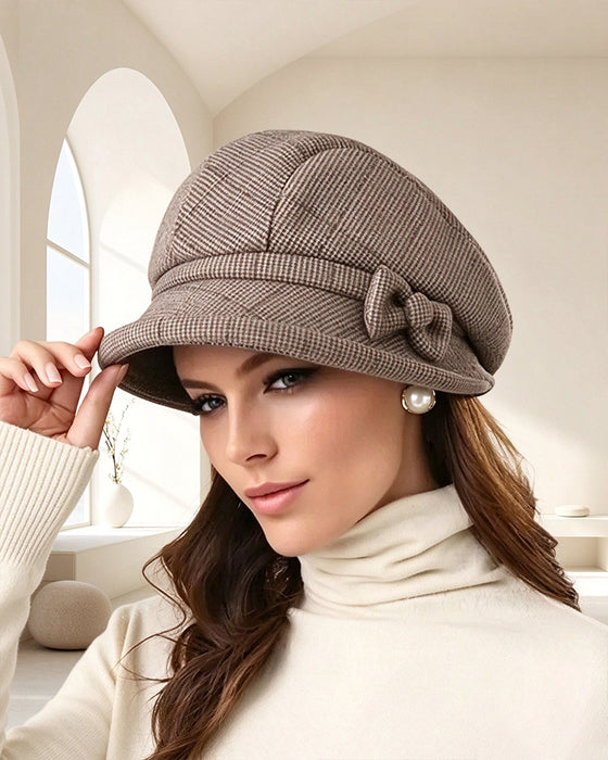Femme Élégant À Carreaux Nœud Décor Béret
