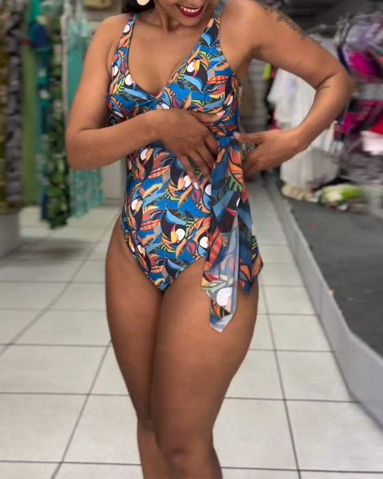 Maillot De Bain Une-Pièce Coloré Imprimé Fendu À Bretelles