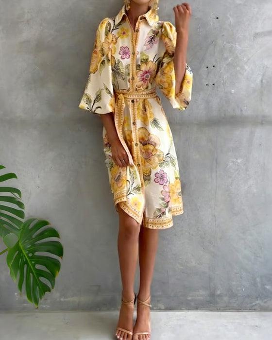 Robe Manche Lanterne Col Cranté Imprimé