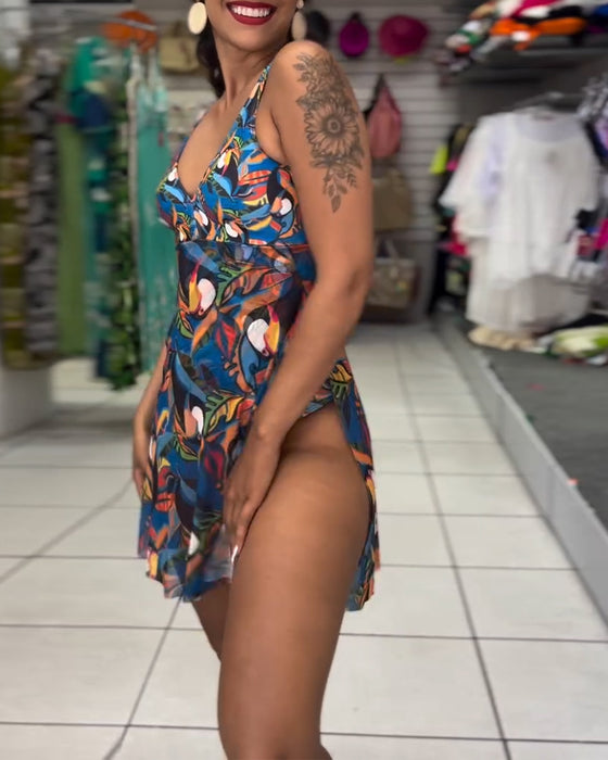 Maillot De Bain Une-Pièce Coloré Imprimé Fendu À Bretelles