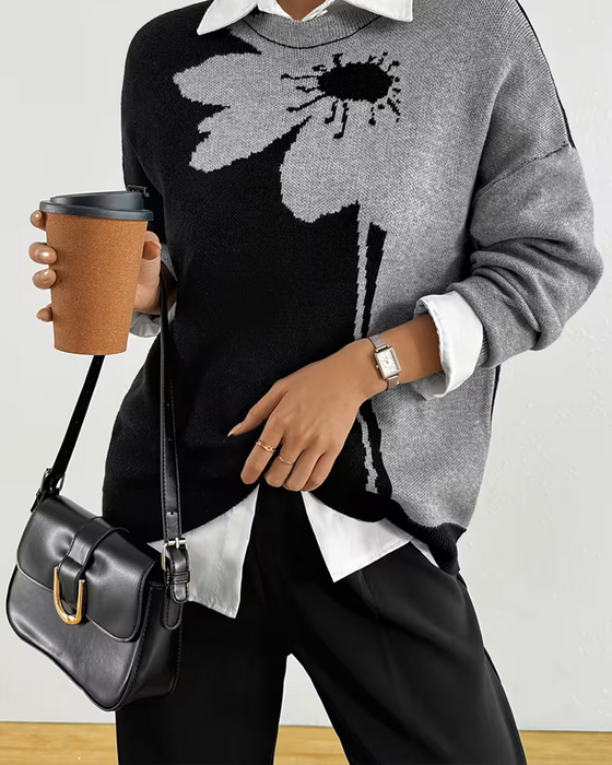 Pullover Bloc-Couleur Grand Floral Jacquard Col Rond