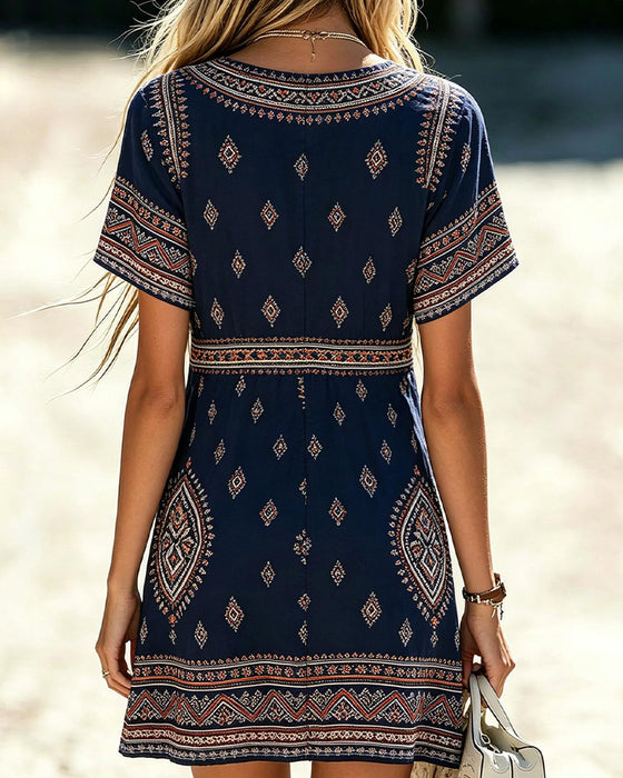 Robe Col V Manches Courtes Imprimé Géométrique