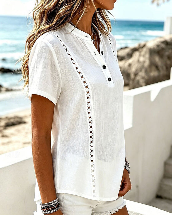 Blouse Col V Évidé Unie