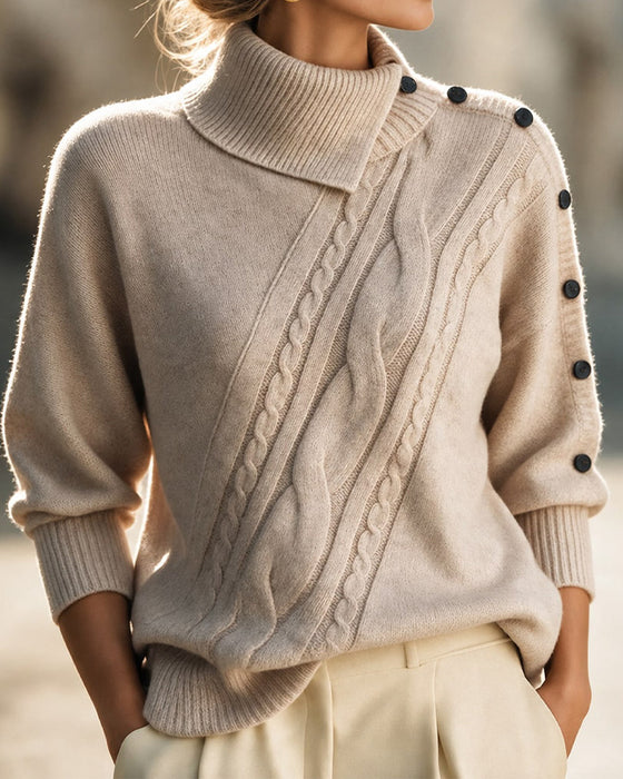 Pull Diagonal Tresse Col Roulé Boutonné