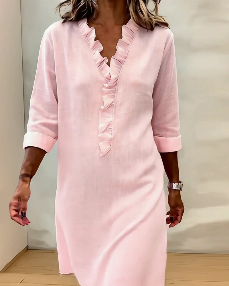 Robe À Volants Col V Unie