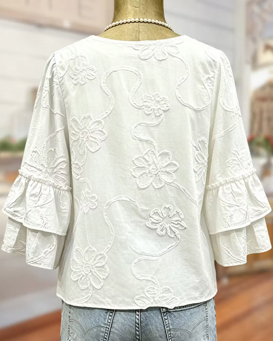 Blouse Tridimensionnelle Gaufrée Florale Col V Manche Évasée