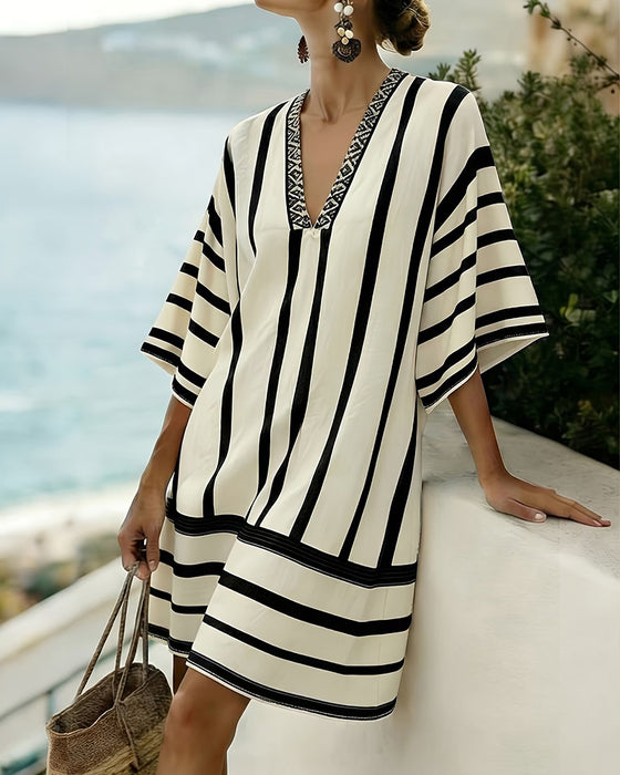 Robe Bloc Couleur Noir Rayure Verticale Col V