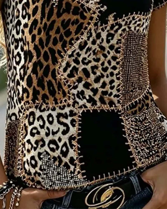 Blouse Col Rond Léopard Imprimé Contraste Manches Courtes
