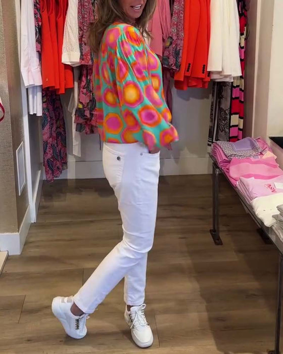 Chemise col montant imprimé géométrique coloré