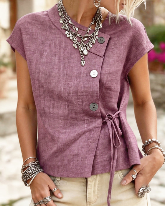 Blouse Col Asymétrique Cravate Bouton