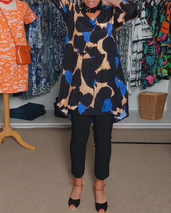 Chemisier décontracté à manches longues et col en V avec imprimé de couleurs contrastées