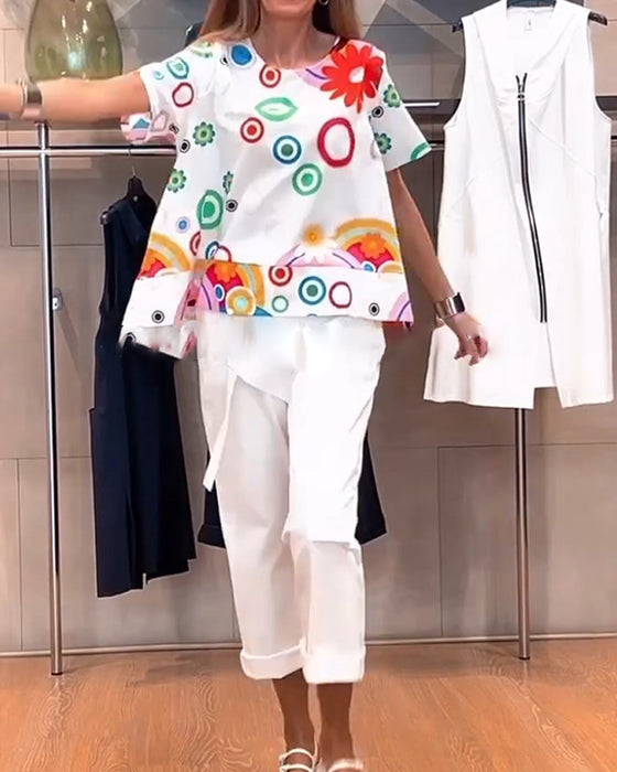 Haut décontracté imprimé à col rond et manches courtes