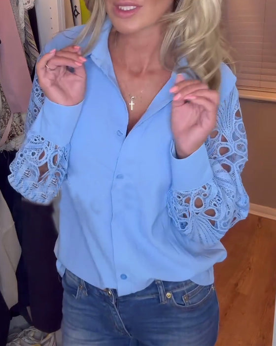 Chemise de couleur unie à manches en dentelle et revers