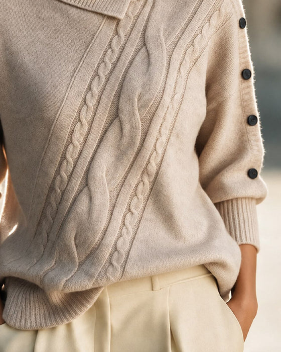 Pull Diagonal Tresse Col Roulé Boutonné