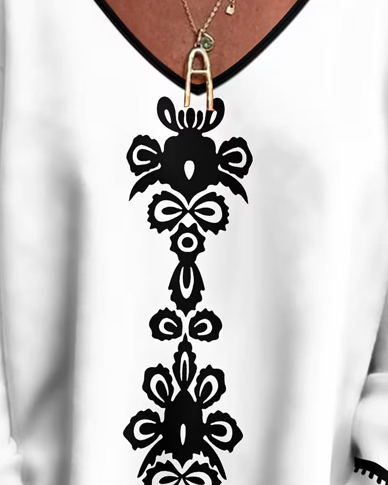 Farbig kontrastierter V-Ausschnitt Gemustertes Langarmtop