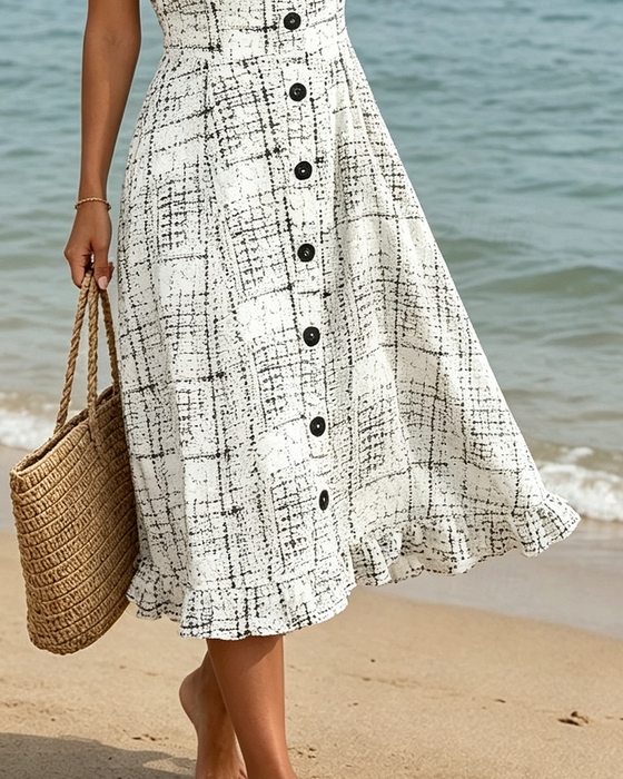 Robe Col V Carreau Bouton Volant