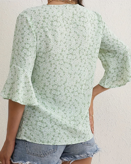Chemisier Col V Floral Papillon Manche