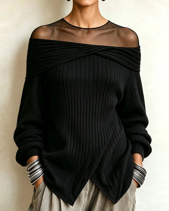 Pullover Hors Épaule Asymétrique Mesh