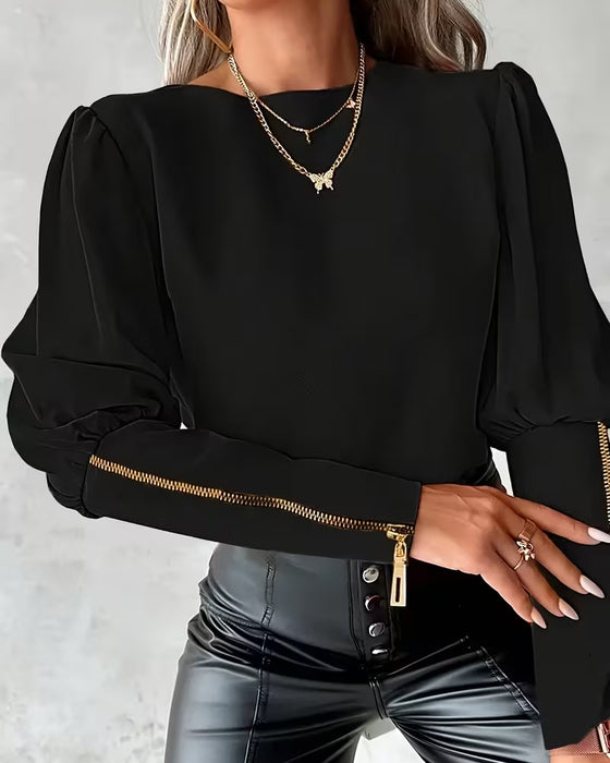 Blouse Fermeture Éclair Manches Bouffantes