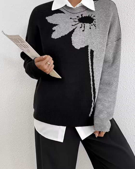 Pullover Bloc-Couleur Grand Floral Jacquard Col Rond