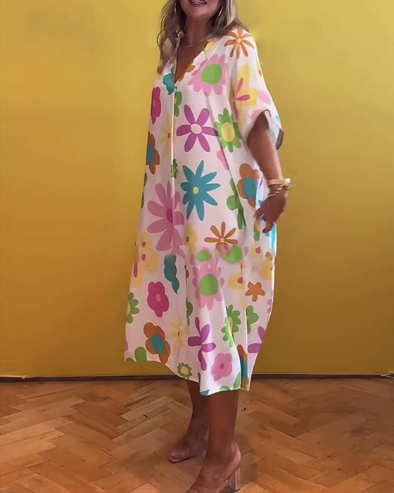 Robe ample col V imprimé fleuri