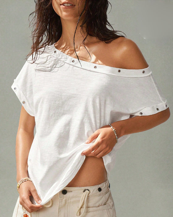 T-Shirt Une Épaule Rivet Uni
