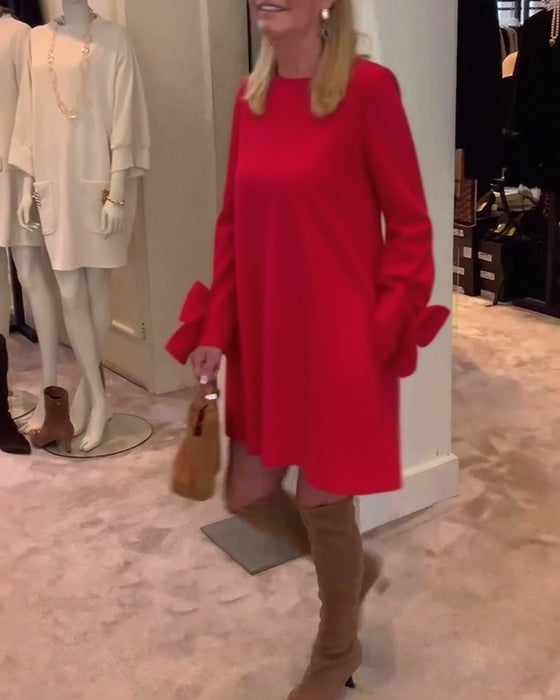 Robe Élégant Col Rond Manche Nœud