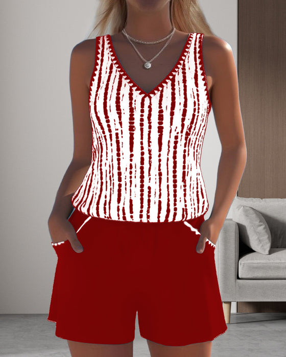 Maillot de bain décontracté à poches et col en V imprimé deux pièces