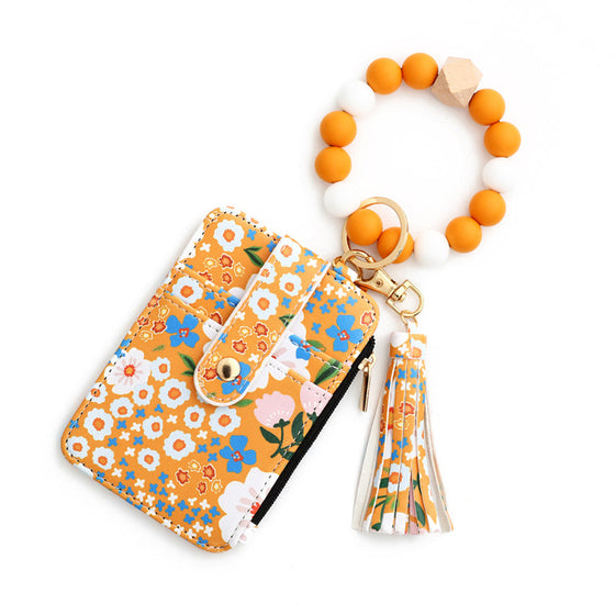 Petit Porte-Monnaie En Cuir Floral Avec Porte-Clés Et Bracelet