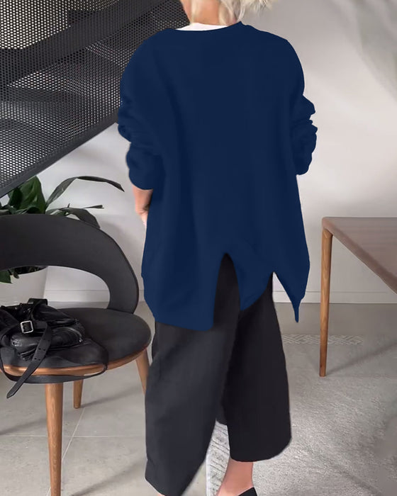 Sweat-shirt décontracté à col rond et fente de couleur unie