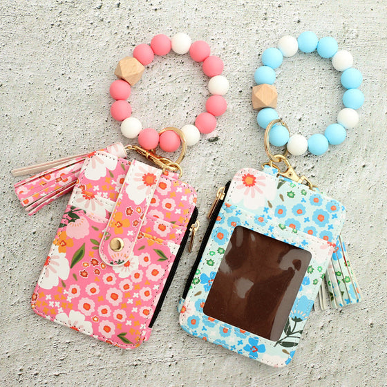 Petit Porte-Monnaie En Cuir Floral Avec Porte-Clés Et Bracelet