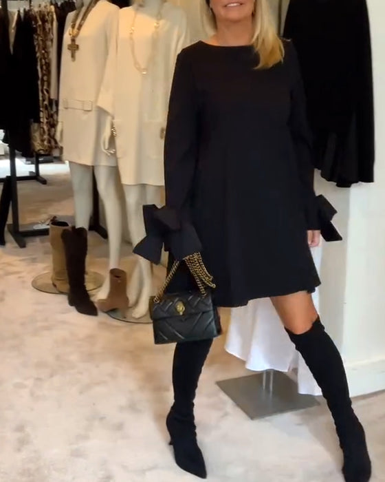 Robe Élégant Col Rond Manche Nœud