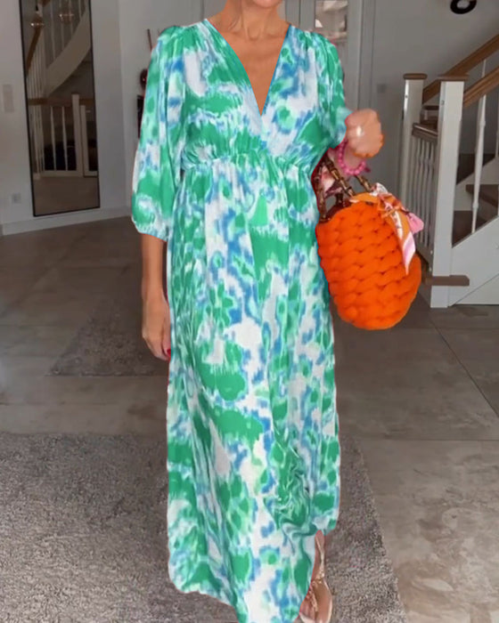 Robe à col en V à imprimé mode avec manches 3/4