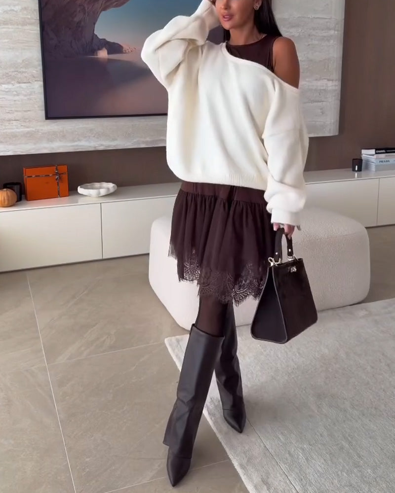 Décolleté Épaules Nues Loose Pull & Ourlet Dentelle Robe