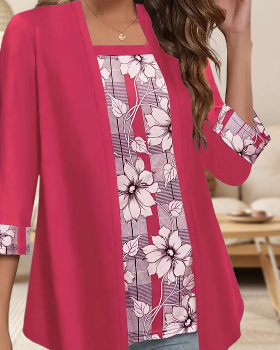 Haut Imprimé Manches Longues Faux Deux Pièces