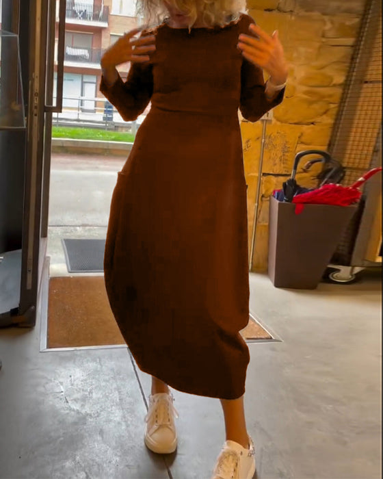 Robe unie à col rond, manches longues et poche