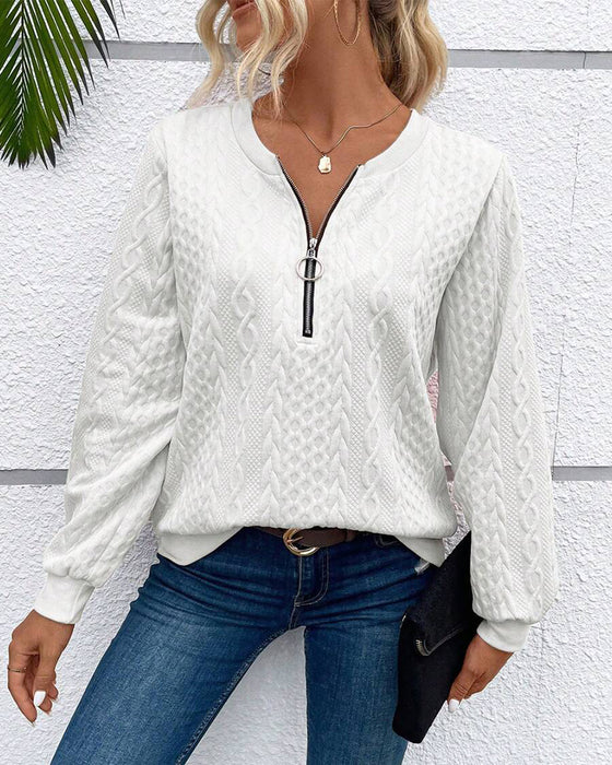 Sweat-shirt décontracté à manches longues et fermeture éclair de couleur unie