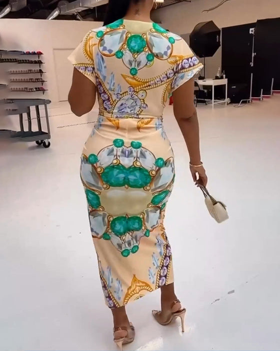 Robe imprimée à taille fendue en V profond