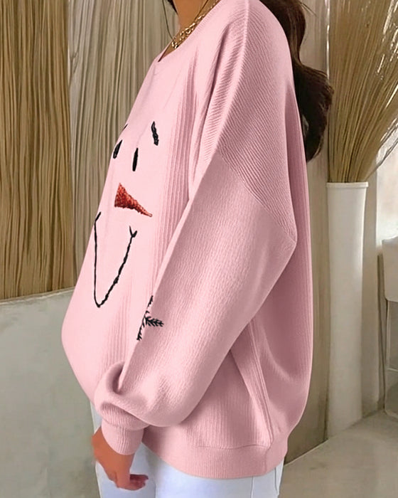 Sweat-Shirt Bonhomme De Neige Imprimé Col Rond