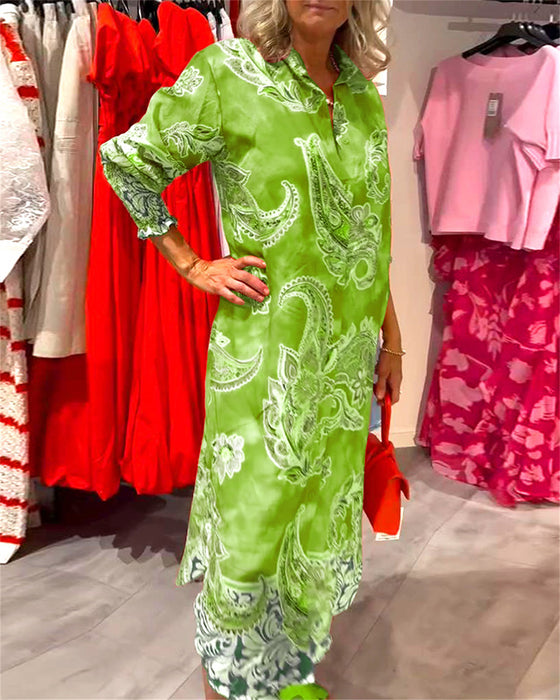 Robe Col Montant Manches Longues Imprimé Cajou