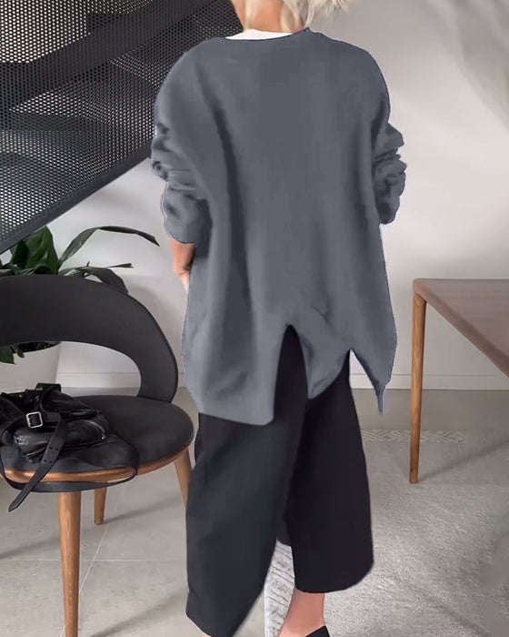 Sweat-shirt décontracté à col rond et fente de couleur unie