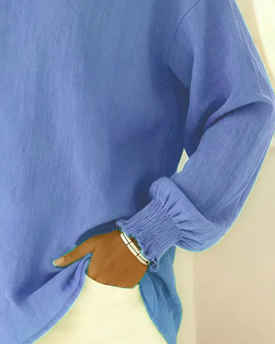 Blouse Coton Manche Lanterne Col Uni